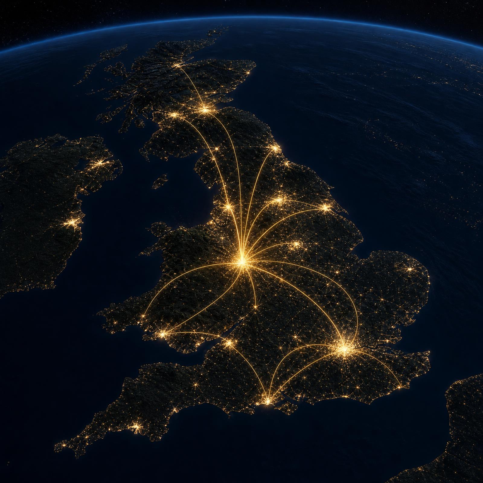 Satellite night view of the United Kingdom with glowing gold logistics routes radiating from a central Midlands hub